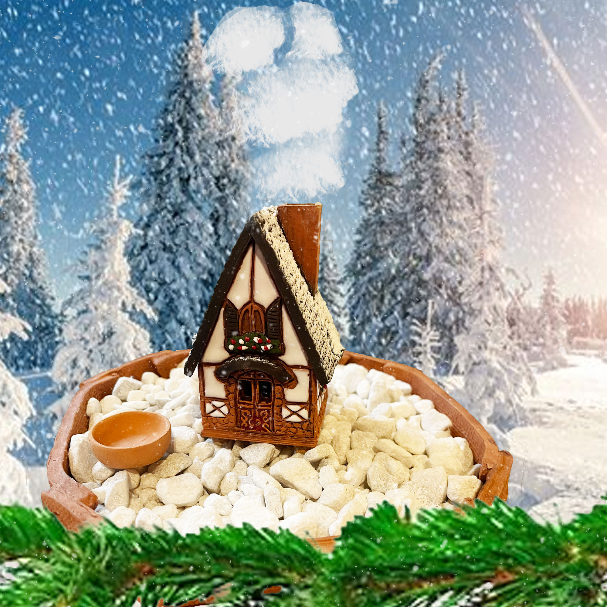 Weisses Räucherhaus mit Schneedach in Geschenkbox - Keramik Hand