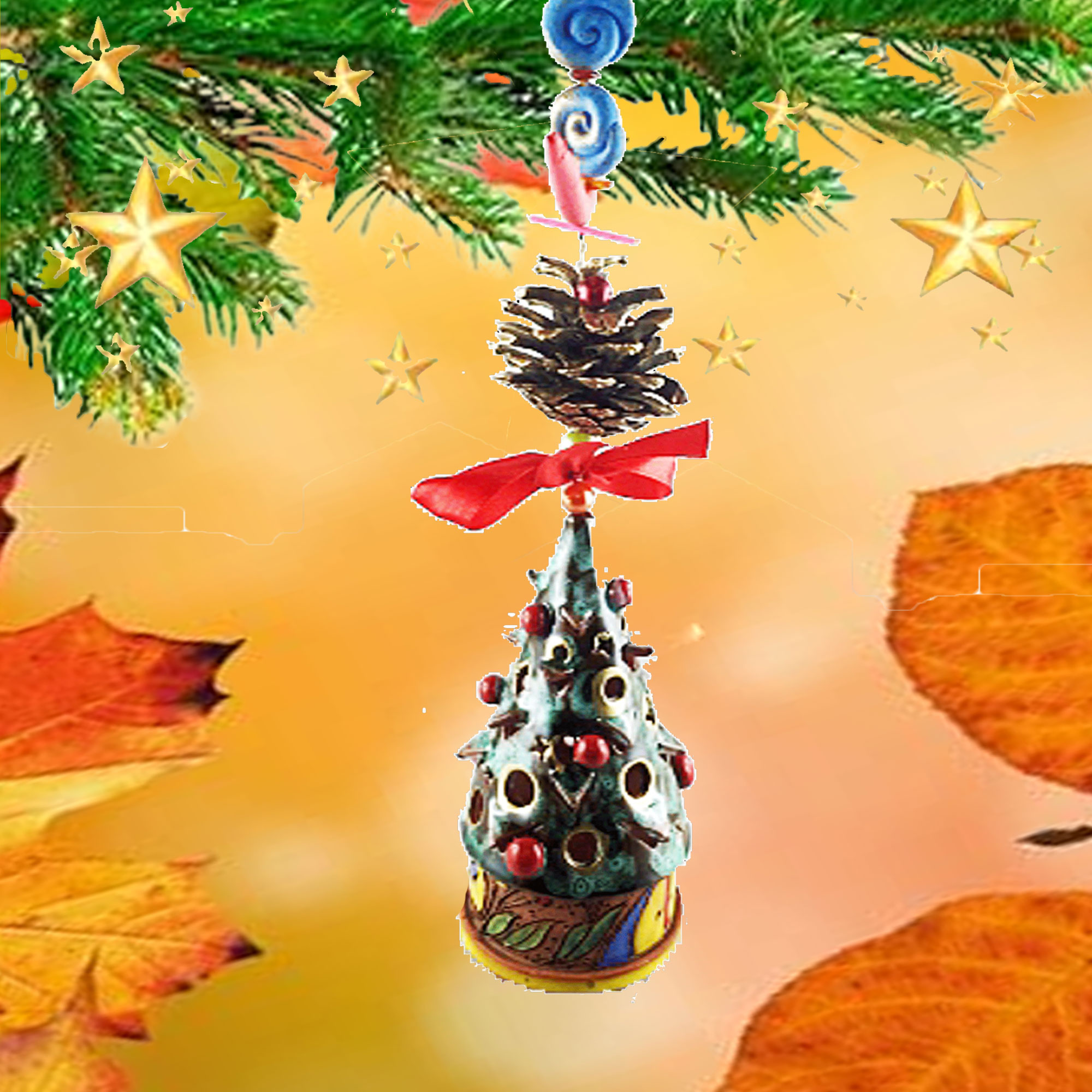 x-mas Windglckchen Rundhaus mit Zapfen+Ornamentseil