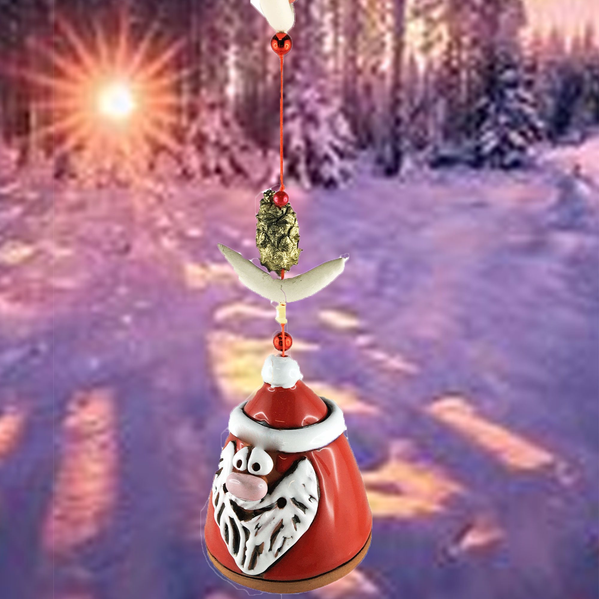 Santa Claus Windglöckchen mit Ornamentseil+Zapfen